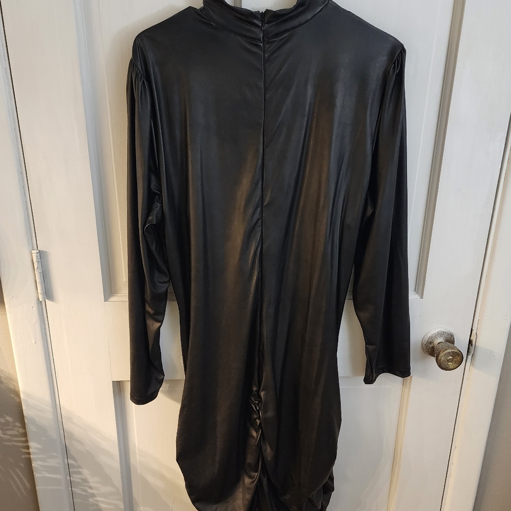 Curvy girl by Ashley Stewart faux leather motorcycle dress with front zip. Black - Picture 2 of 3